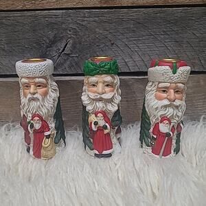 Vintage Santa Candlestick Holders Ceramic Set Of 3 Christmas Decoration